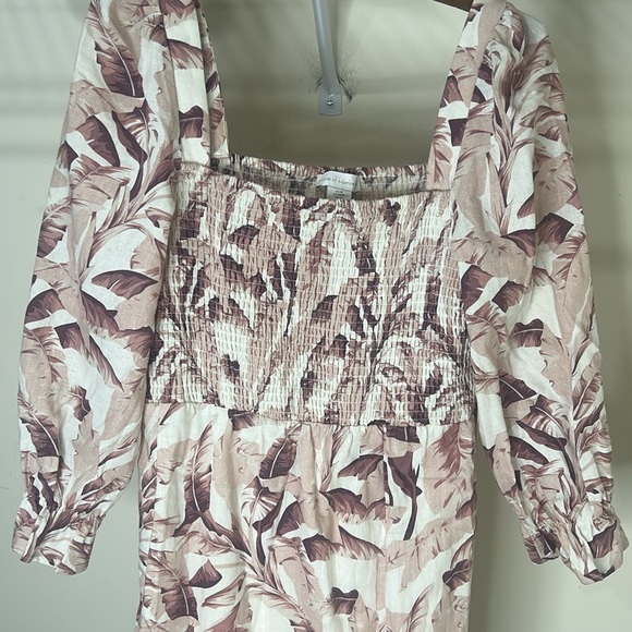 House of Harlow 1960 Linen Smocked Pink Palm Midi Dress Bishop Sleeve Medium - Picture 16 of 16